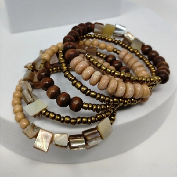 Boho Memory Wire Bracelet Wood Copper Color beads Natural Baroque Abalone - Picture 3 of 7